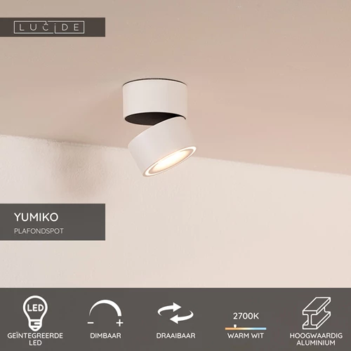 Lucide YUMIKO - Plafondspot - Ø 7,8 cm - LED Dimb. - 1x10W 2700K - Wit - USP